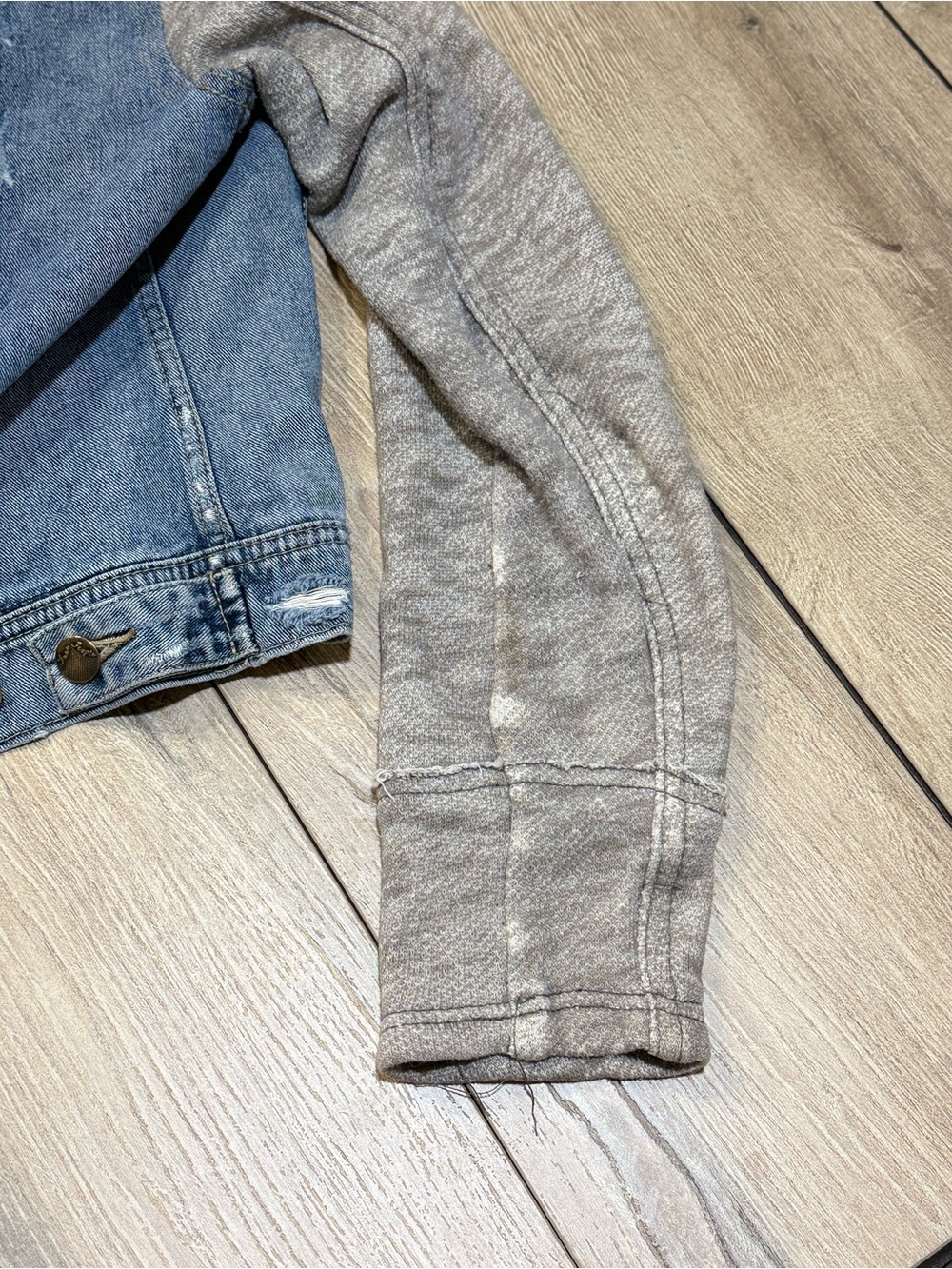 Free People Denim Hoodie Jacket M Distressed Knit Sleeve Jacket - Picture 10 of 16